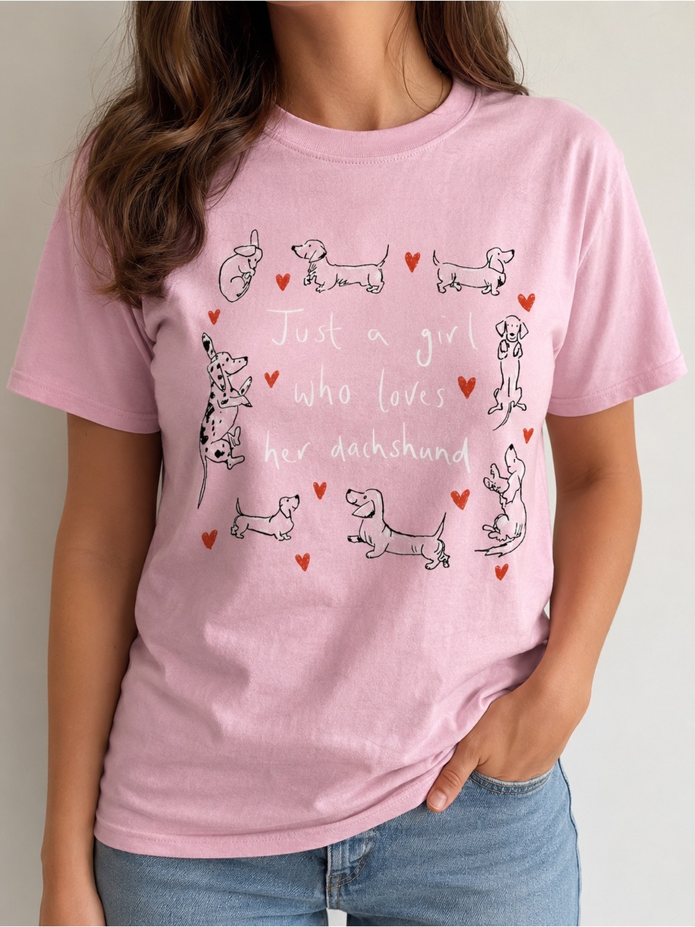 Gildan 5000 Pink Dachshund Heart Graphic, Vintage Size L